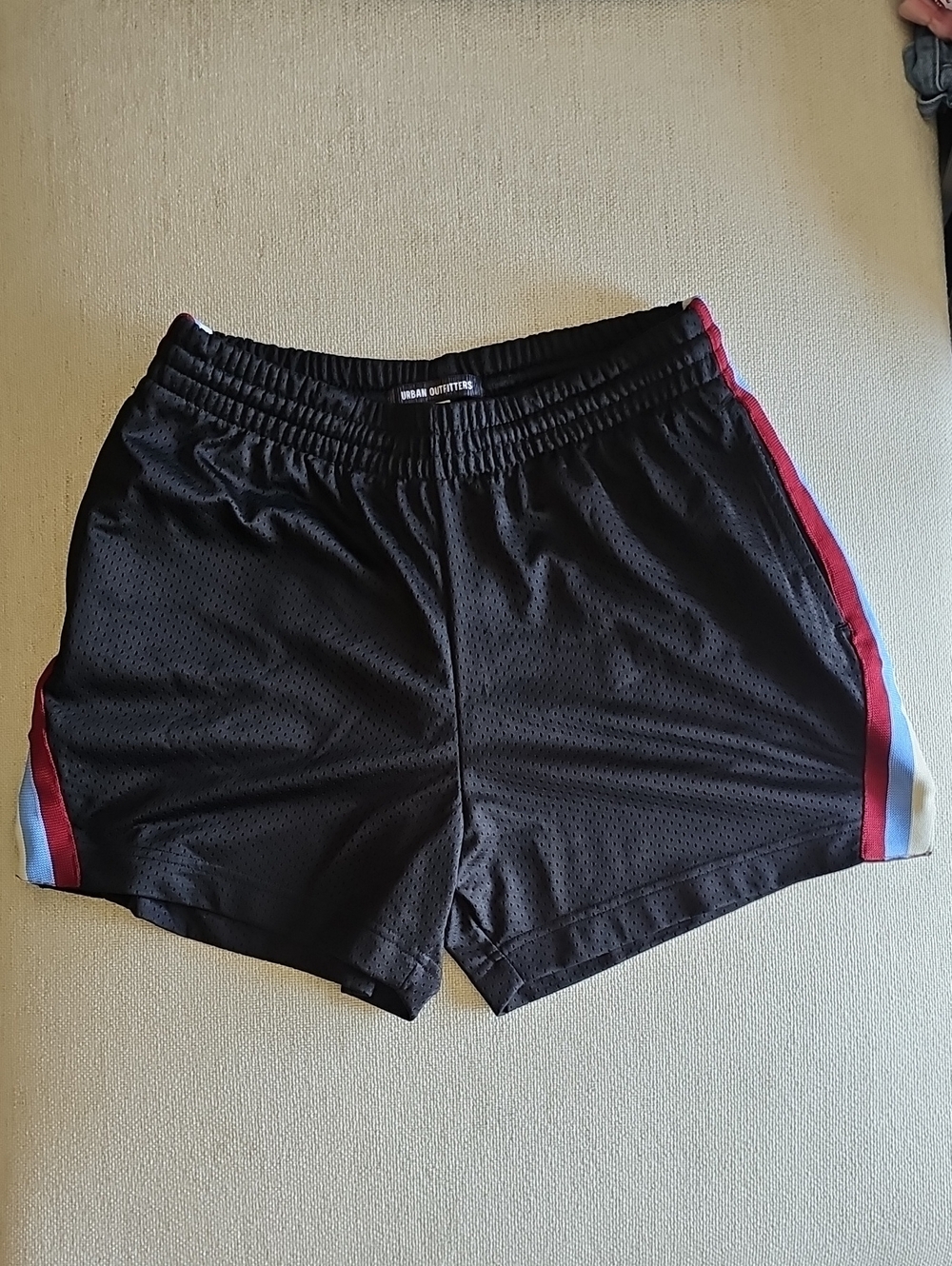 Urban Outfitters Black Mesh Shorts with Red & Light Blue Side Stripes